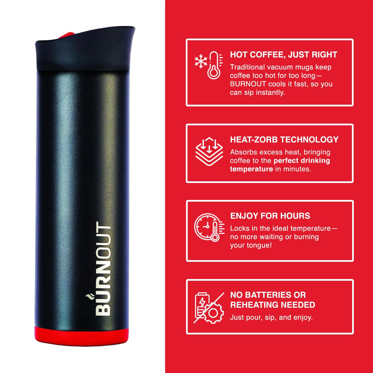 LEXO Burnout 16 oz Drink-Now Mug Bundle - Black & Red with Slide Lids, Instantly Cools Hot Coffee to Perfect Temperature