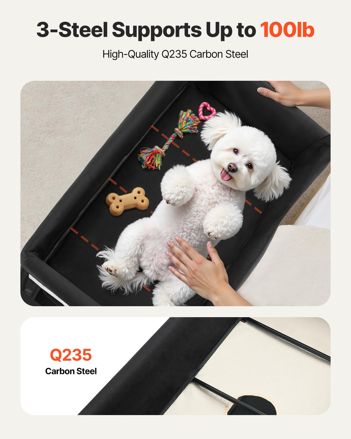 VEVOR Bedside Lounge Pet Bed, Foldable Bunk Dog Bed with 600D Oxford Cloth and Dutch Velvet, Portable Raised Cot with Wheels, Side Storage Bags, and Carry Bag for Cats & Dogs, L, Beige