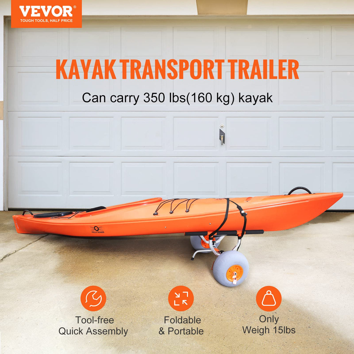 VEVOR Heavy Duty Kayak Cart, 350lbs Load Capacity, Detachable Canoe Trolley with 13'' Beach Wheels, Adjustable Carrier Width & Nonslip Support Foot, for Kayaks Canoes Paddleboards Float Mats Jon Boats