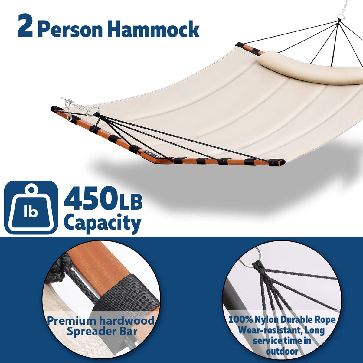 TegerDeger 12FT 2 Person Hammock with V Shaped Hardwood Spreader Bar & Nylon Rope for Outside, Patio, Garden, Backyard, Beach, Poolside, 450LB Capacity, 55in x 79in - Beige