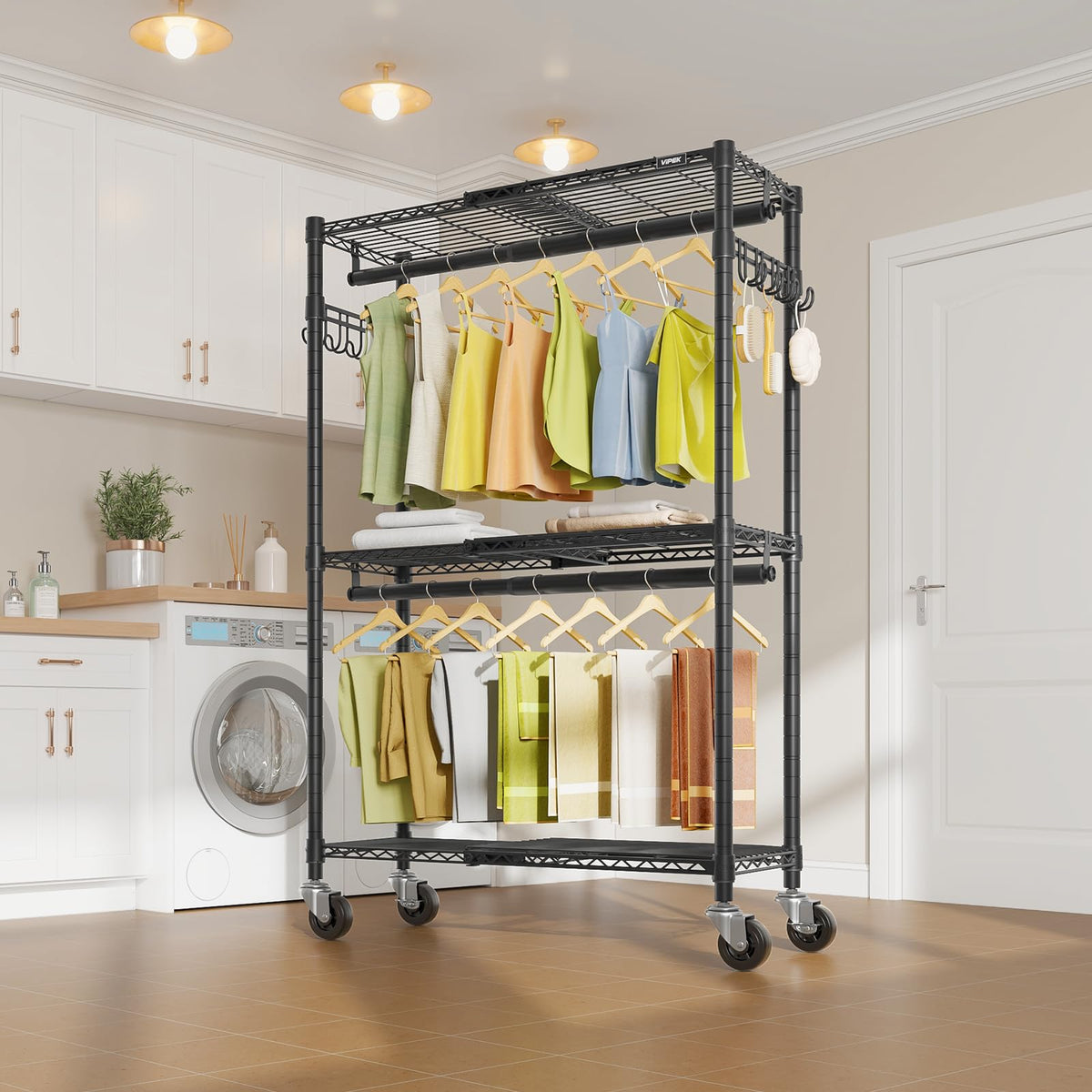 VIPEK R2X Expandable Portable Closet with Lockable Wheels, 600lbs Capacity Heavy Duty Rolling Clothes Rack w/Adjustable Shelves & Hanger Rod (2' to 3'5"), Metal Clothing Rack for Small Spaces (Black)