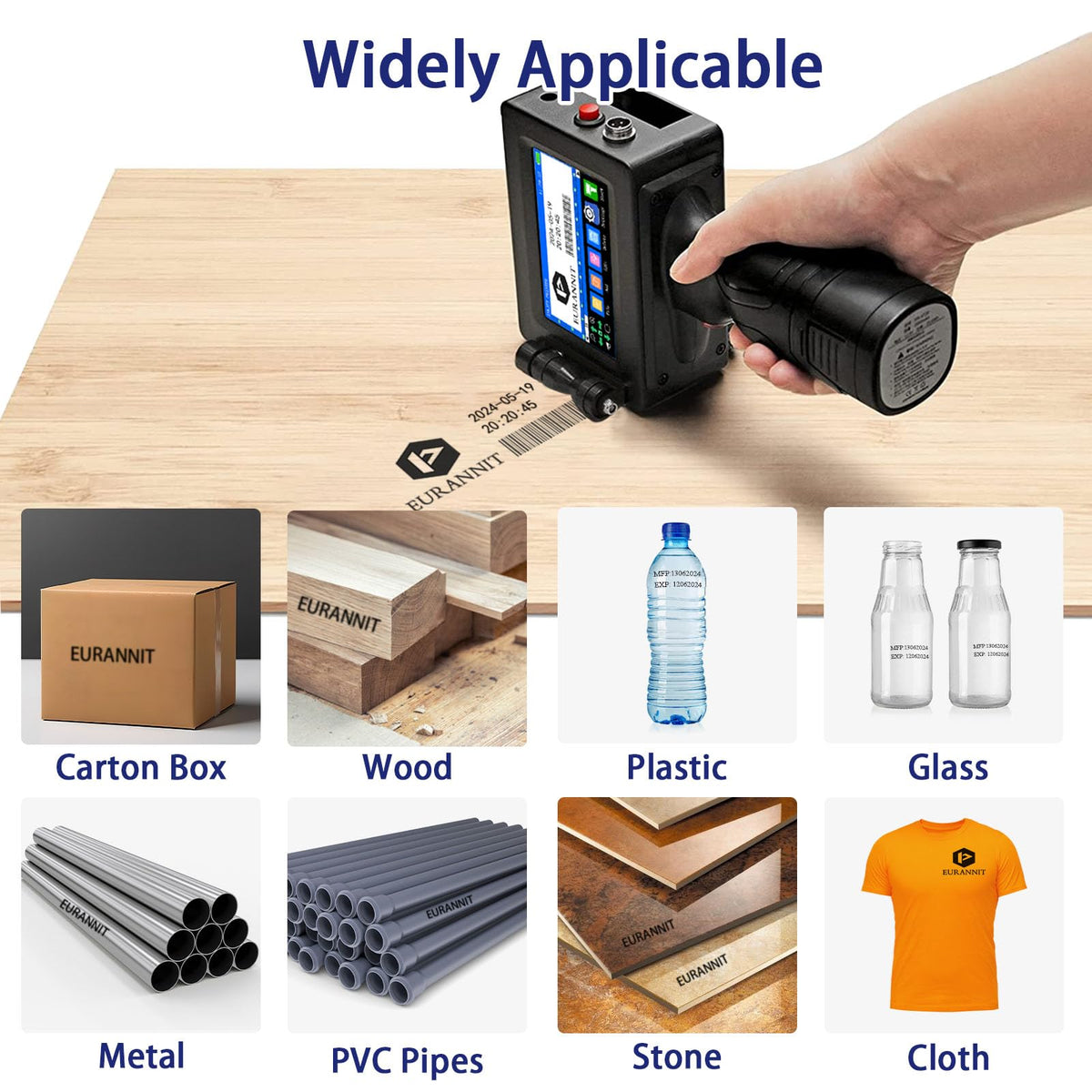 Eurannit E15-1 Handheld Inkjet Printer - 1 Inch Print Height with ER521 Black Ink Cartridge, Portable Coding Gun for Text, QR Code, Barcode on Carton, Plastic & Uneven Surfaces