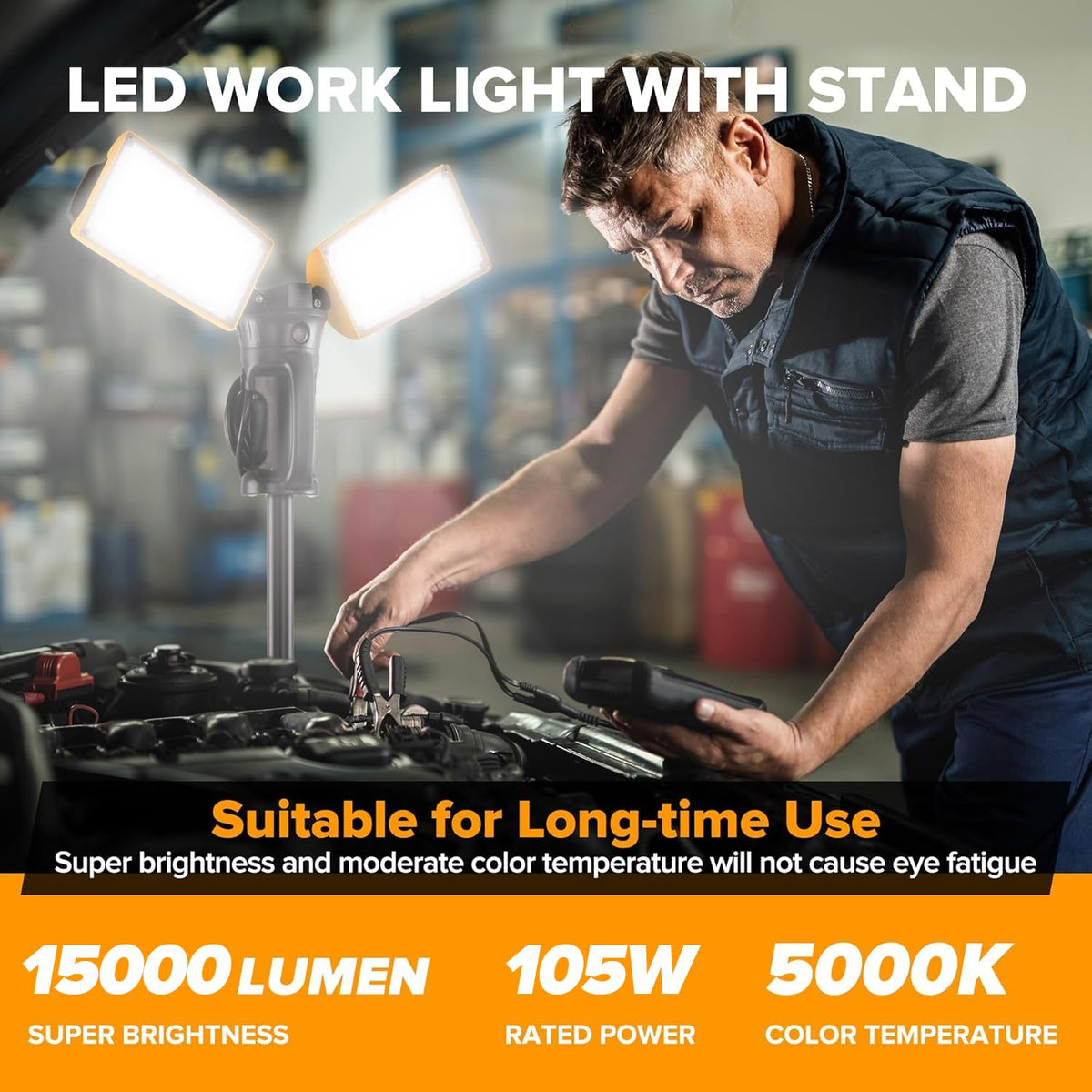 LUTEC 【Upgraded】 6290Pro 15000 Lumen 105 Watt Dual-Head LED Work Light with Telescoping Tripod, Work Light with Stand Rotating Waterproof Lamps and 8 Ft 3-Prong Power Cord