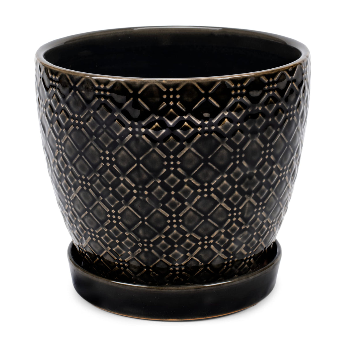 Napco Distressed Black Laser 6 x 6.5 Ceramic Table Top Planter Pot with Saucer