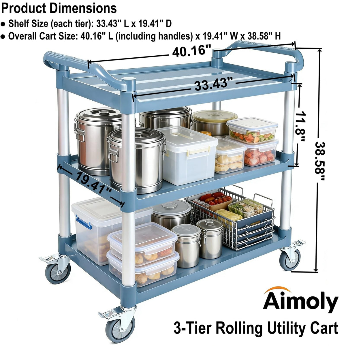 Aimoly 3-Tier Rolling Utility Cart on Wheels, 540 lbs Capacity Utility Service Cart, Commercial Kitchen Cart with 4 Lockable Swivel Casters for Restaurant/Home/Warehouse/Office (40x 19.41x 38.58 in)