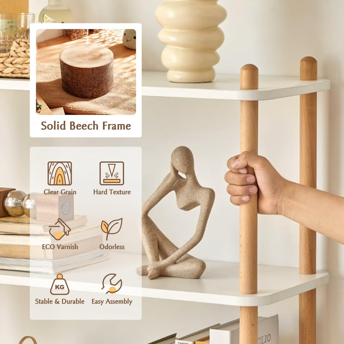IOTXY 3-Tier Wooden Shelf Bookcase - Modern Open Bookshelf, Free Standing Storage Rack, Multifunctional Display Stand for Home and Office, White, Rectangle