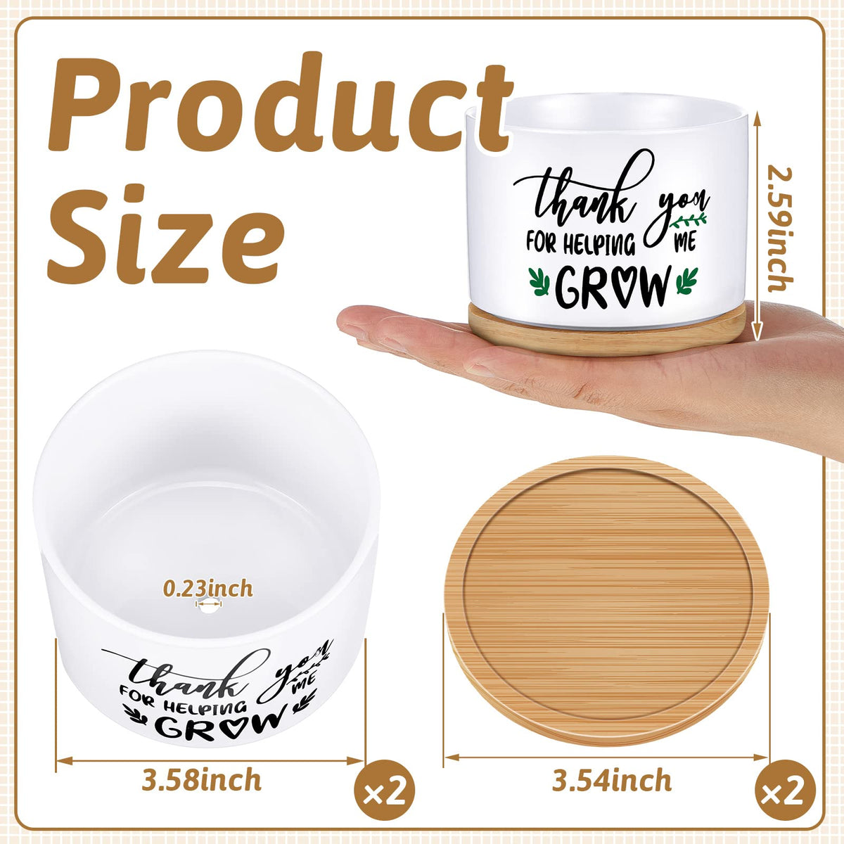 Newtay 2 Pcs End of Year Teacher Gifts Thank You for Helping Me Grow Pots Ceramic Succulent Pots White Flower Planter Pot Teachers Appreciation Gifts for Graduation Back to School