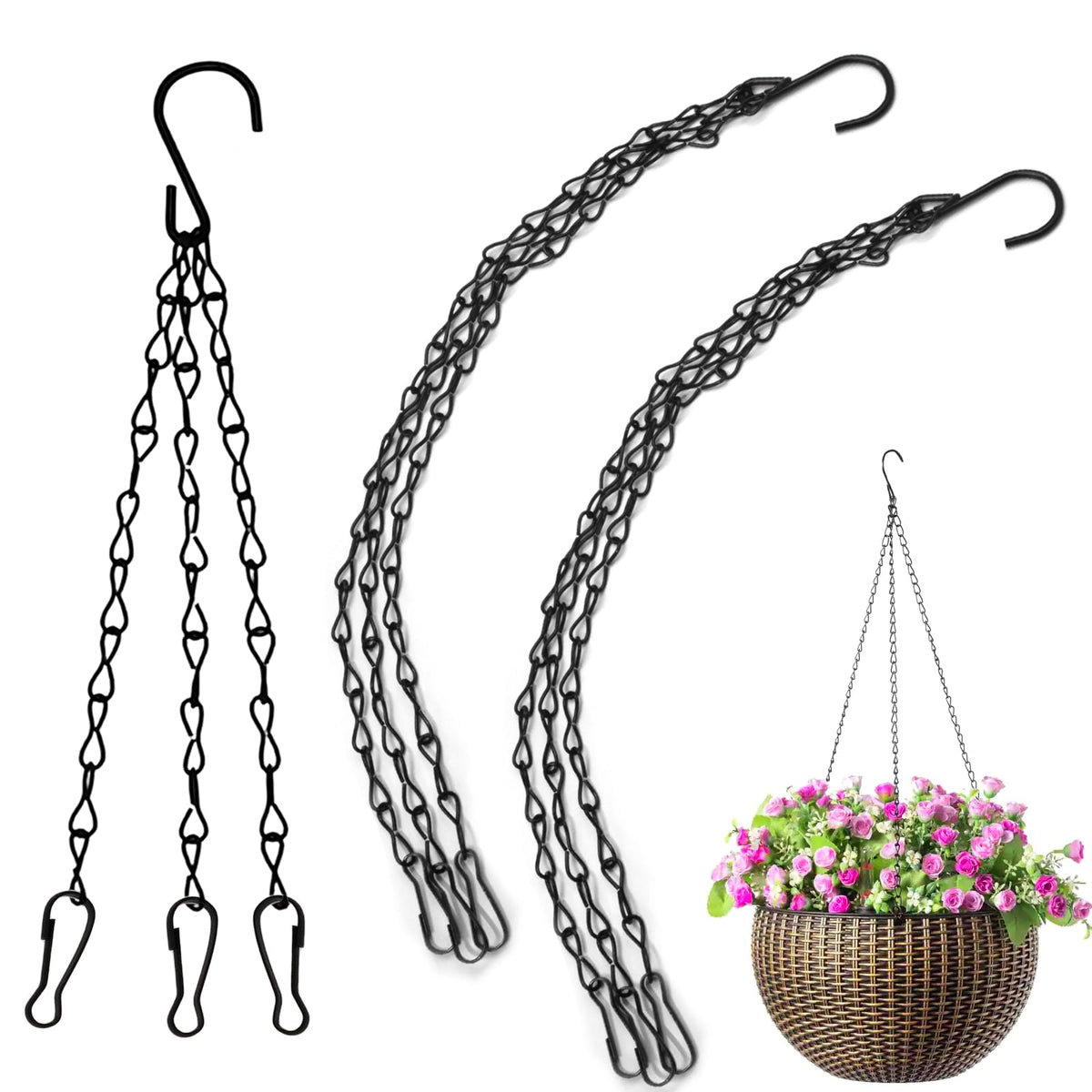 suiwotin 3pcs 16 Inch Hanging Basket Chains 3 Point, Black Chain with Hooks for Hanging Plants, Flower Pot