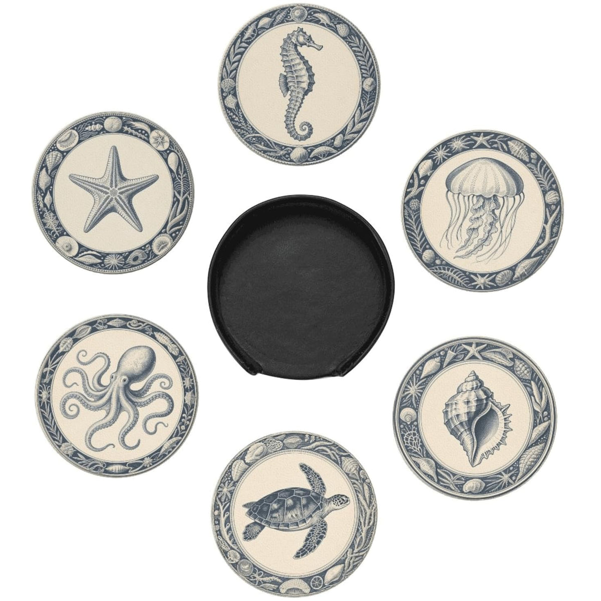 6 Pcs Nautical Ocean Drink Coasters with Holder Coasters for Drinks Coffee Table Home Decor Housewarming Gift
