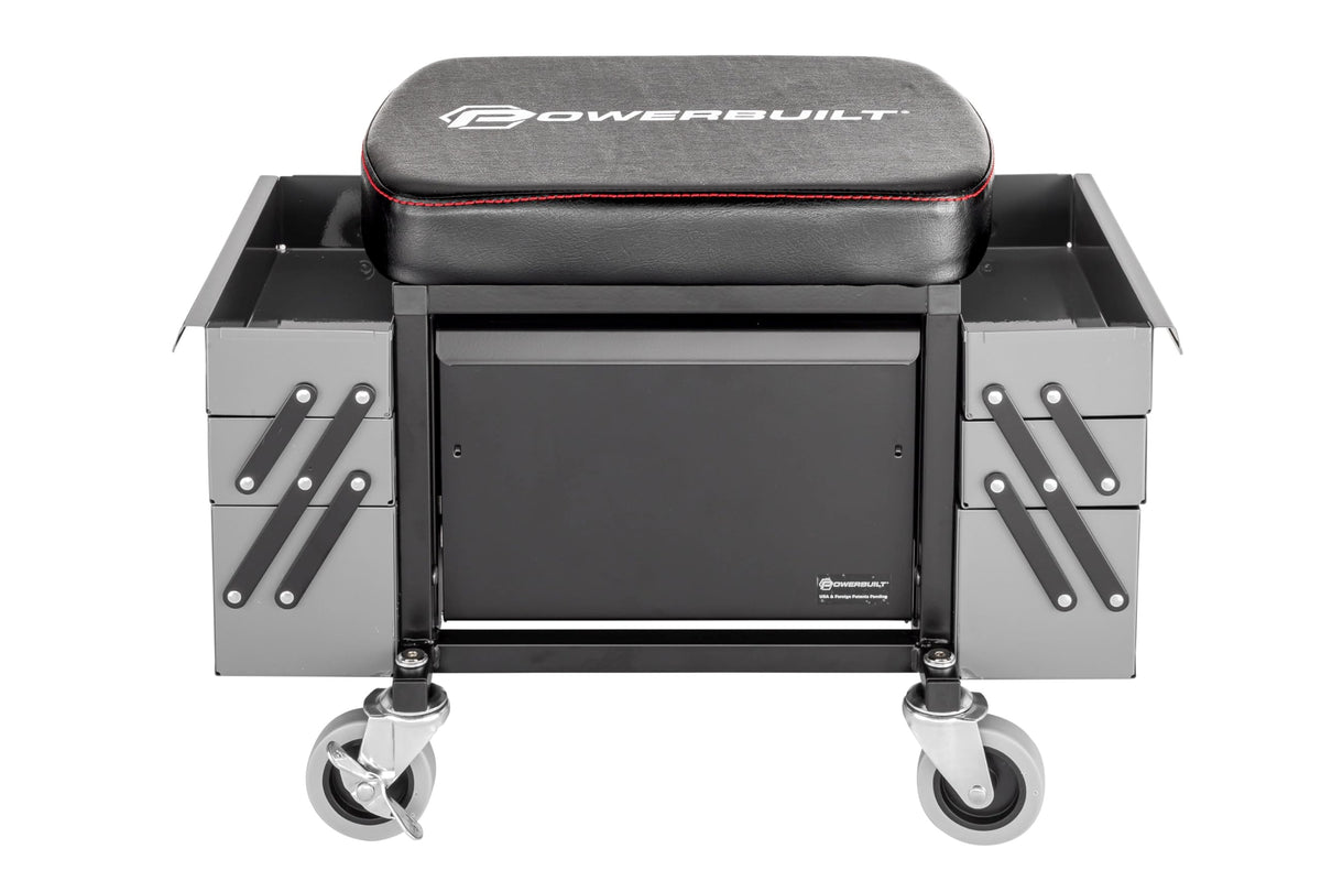 Powerbuilt Rolling Seat with Expandable Tool Trays, Roller Toolbox Garage Stool - Grey 941918ECE