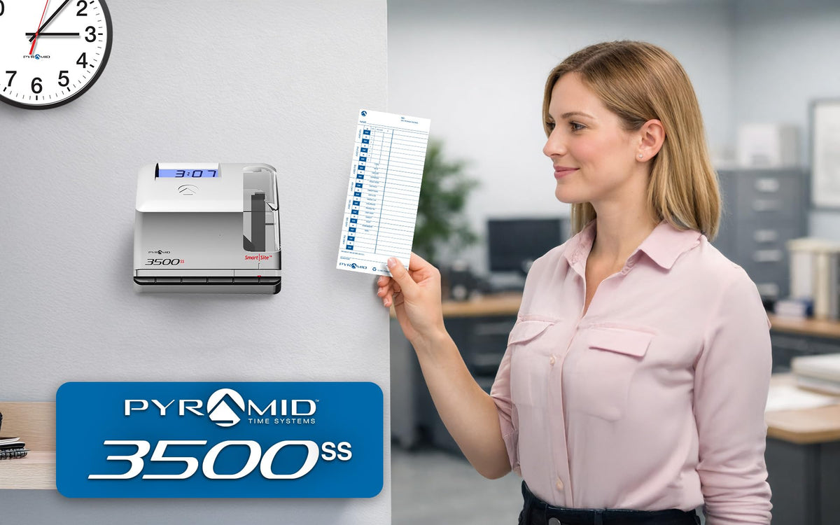 Pyramid Time Systems - 3500SS Employee Automatic Time Clock Bundle for Payroll Tracking and Attendance Management, Punch Clock with SmartSite Alignment, 25 Time Cards, 1 Ribbon and 2 Security Keys