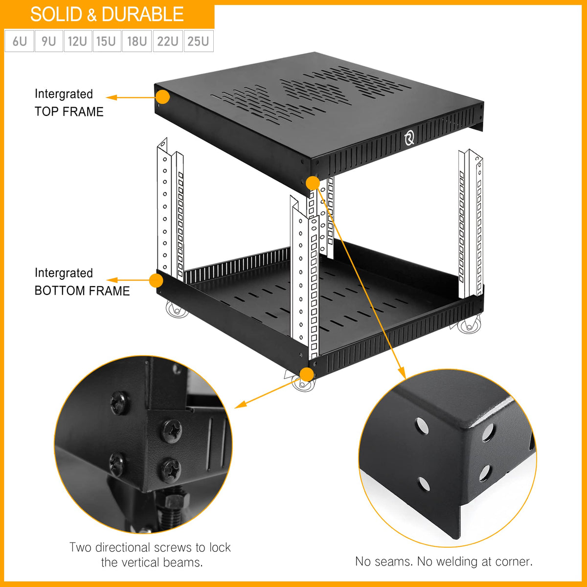 RIVECO 6U Network Rack with Top & Bottom Vented Plates- 4 Rolling Wheels Floor Standing Rack for 19" Equipment & Stereo Gear- Including Basic Rail Mount PDU Power Strip & M5 Screws 50 Sets