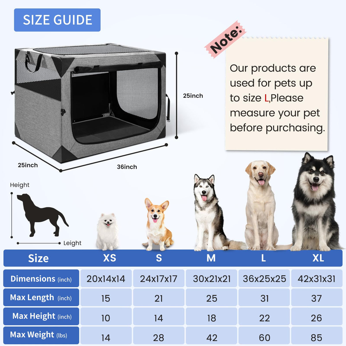 Dog Crate,36x25x25 Inch Large Dog Crate for Large or Medium Dogs, Portable and Foldable Design of Dog Cage, Perfect for Travel or Home Use, Dog Kennel with 3-Door and Durable Mesh Windows, Light Grey