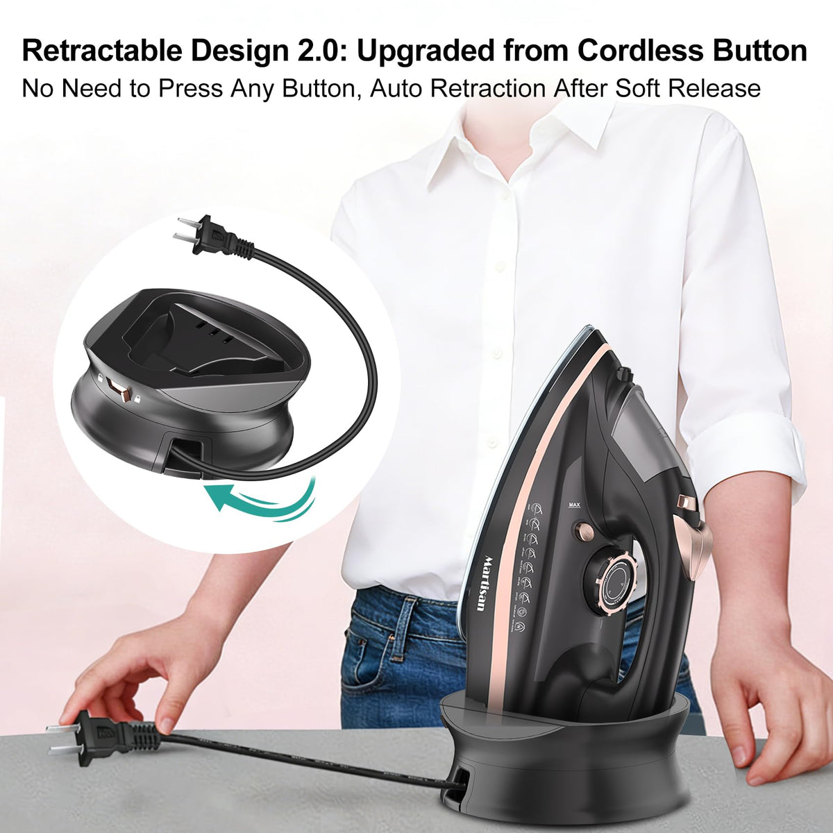 Martisan Cordless Iron for Clothes, 1600W, Wireless, Rapid Heating, Retractable Cord, Power Charging Base, Ceramic Soleplate, Auto-off, Anti-calc, Anti-drip, Self Clean
