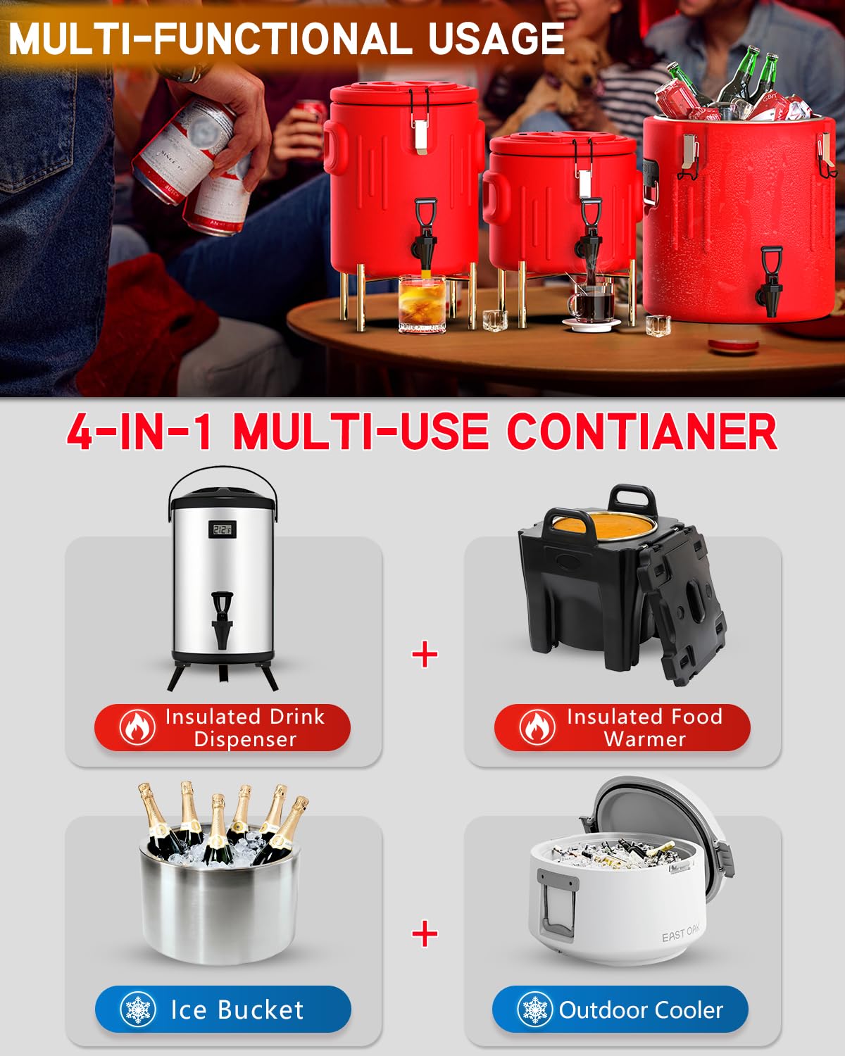 Insulated Beverage Dispenser 8.5 Gallon - Ice and Hot Drink Dispenser with 304 Stainless Steel Interior and Spout, Portable Hot Water Dispenser, Outdoors Cooler Jug for Camping Party Sports