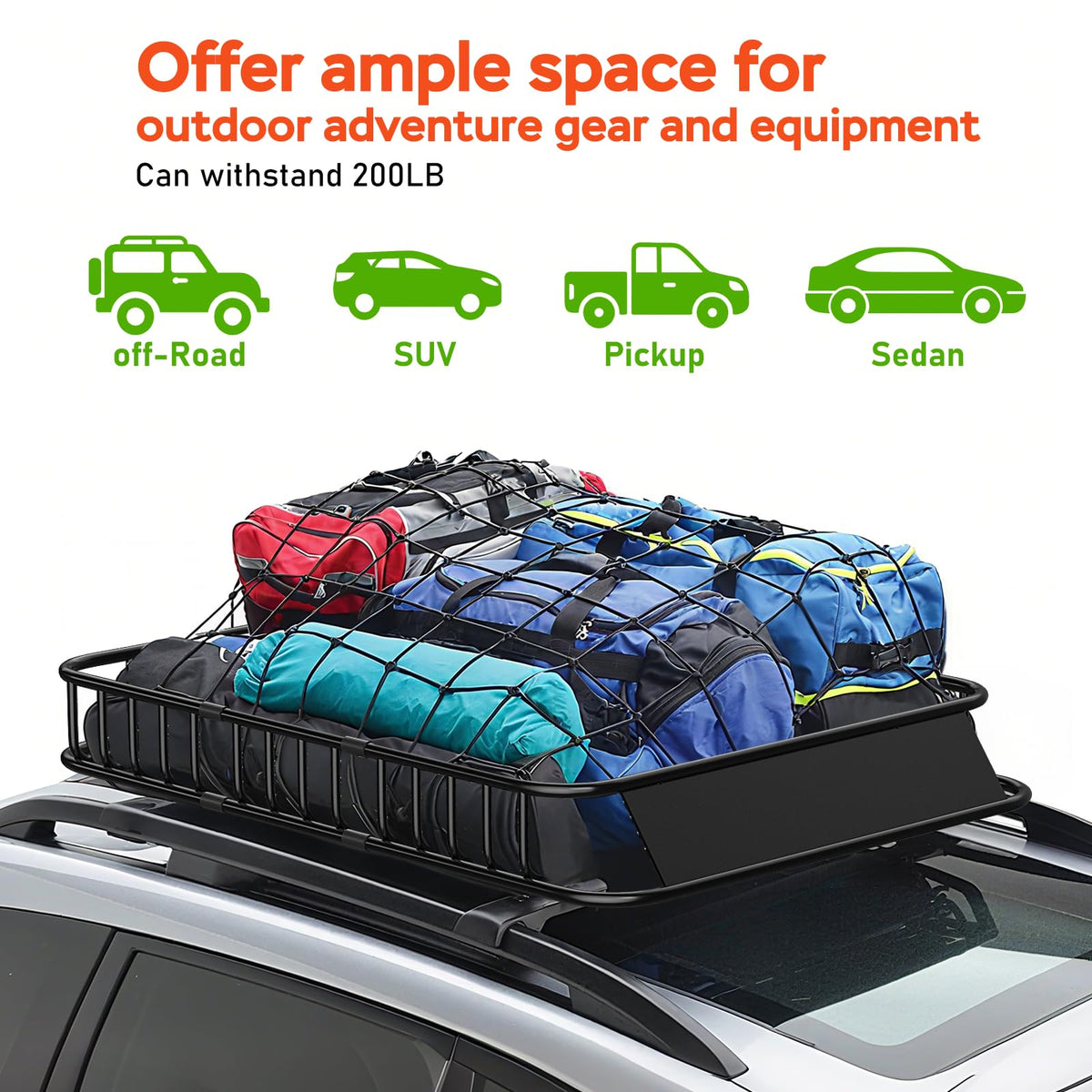 Roof Rack Carrier Basket 51" X 36" X 5" Universal Rooftop Cargo Basket - 200LB Capacity with 15 Cu.Ft Waterproof Bag, Heavy Duty Roof Rack for SUV/Truck/Van Cargo Carrier, Corrosion-Resistant Steel