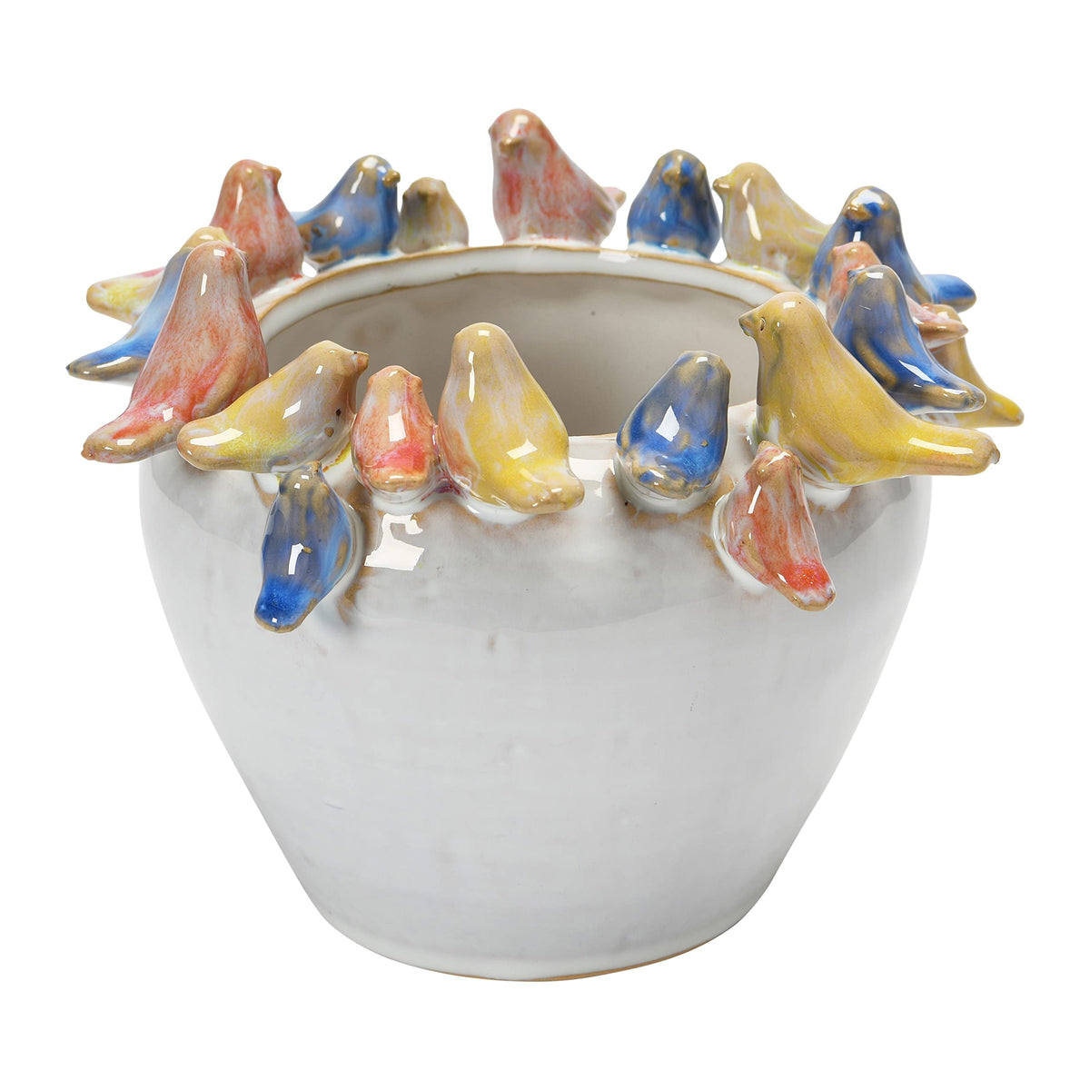 Creative Co-Op Stoneware Planter with Birds on Rim, Reactive Glaze
