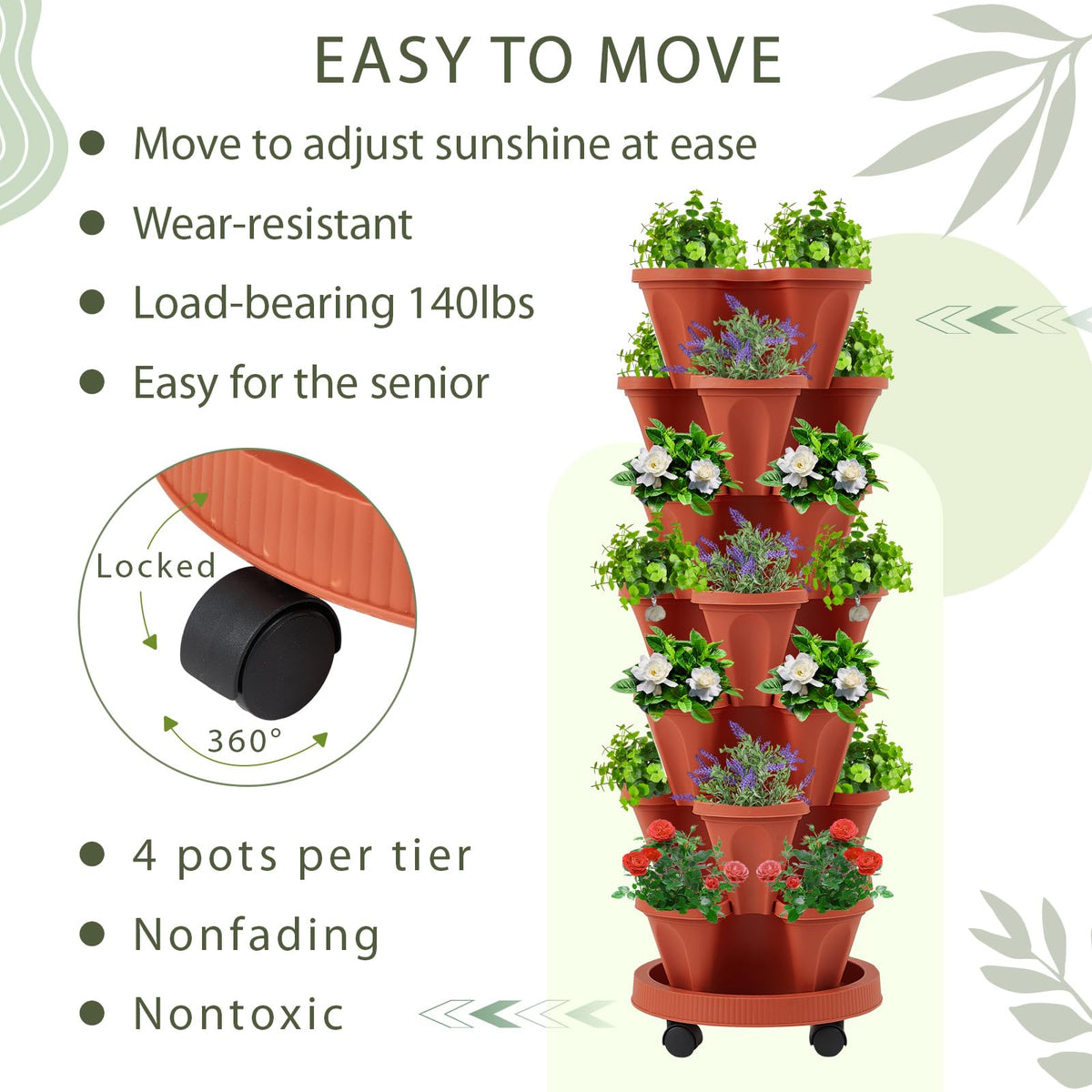 Umigy 2 Set of 7 Tier Vertical Planter Stackable Tower Planters Strawberry Herb Flower and Vegetable Pots Indoor Outdoor Gardening Pots with Removable Wheels and Tools(Brick Red)