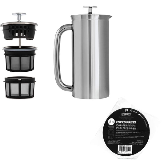ESPRO - P7 French Press - Double Walled Stainless Steel Insulated Coffee and Tea Maker with Micro-Filter (Polished Stainless Steel, 18 Oz) Coffee Paper Filters (100 Count)