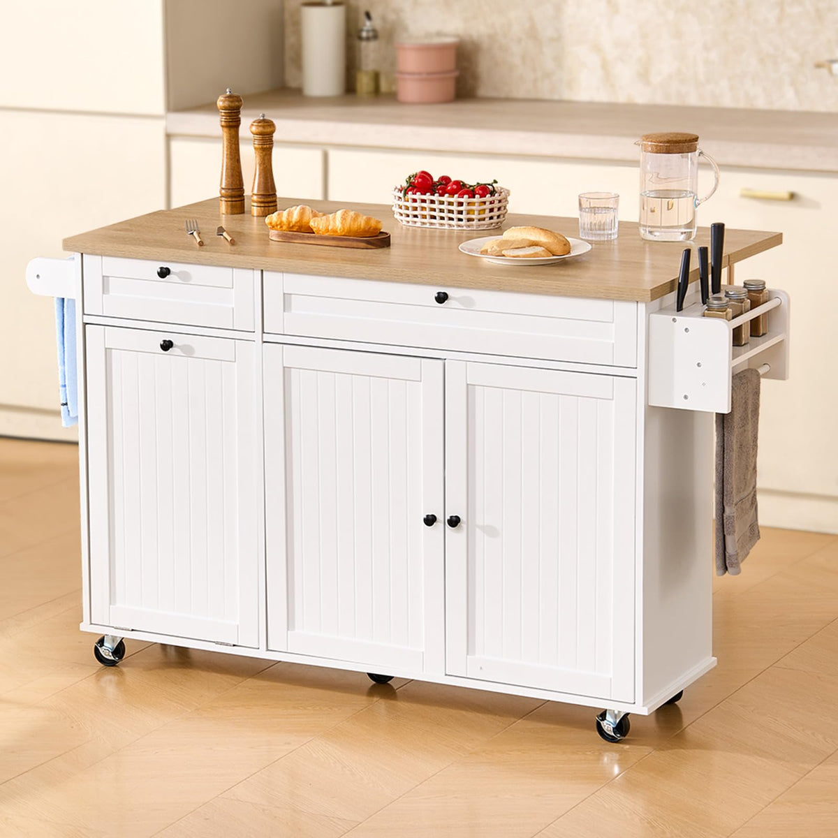 VEVOR Kitchen Island Cart with Storage, 60in Wide Mobile Kitchen Cart with Wheels, Drop Leaf, 2 Drawers, Trash Can Cabinet, Knife Holder, Spice Rack, and Towel Rack, Table for Dining Room, Pantry