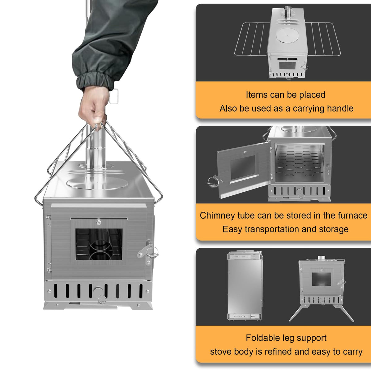 Hot Tent Stove, unho Wood Burning Stove, Portable Wood Stove with 6 Stainless Chimney Pipes for Outdoor Heating & Cooking, Ice Fishing, Hunting,Winter Warmth