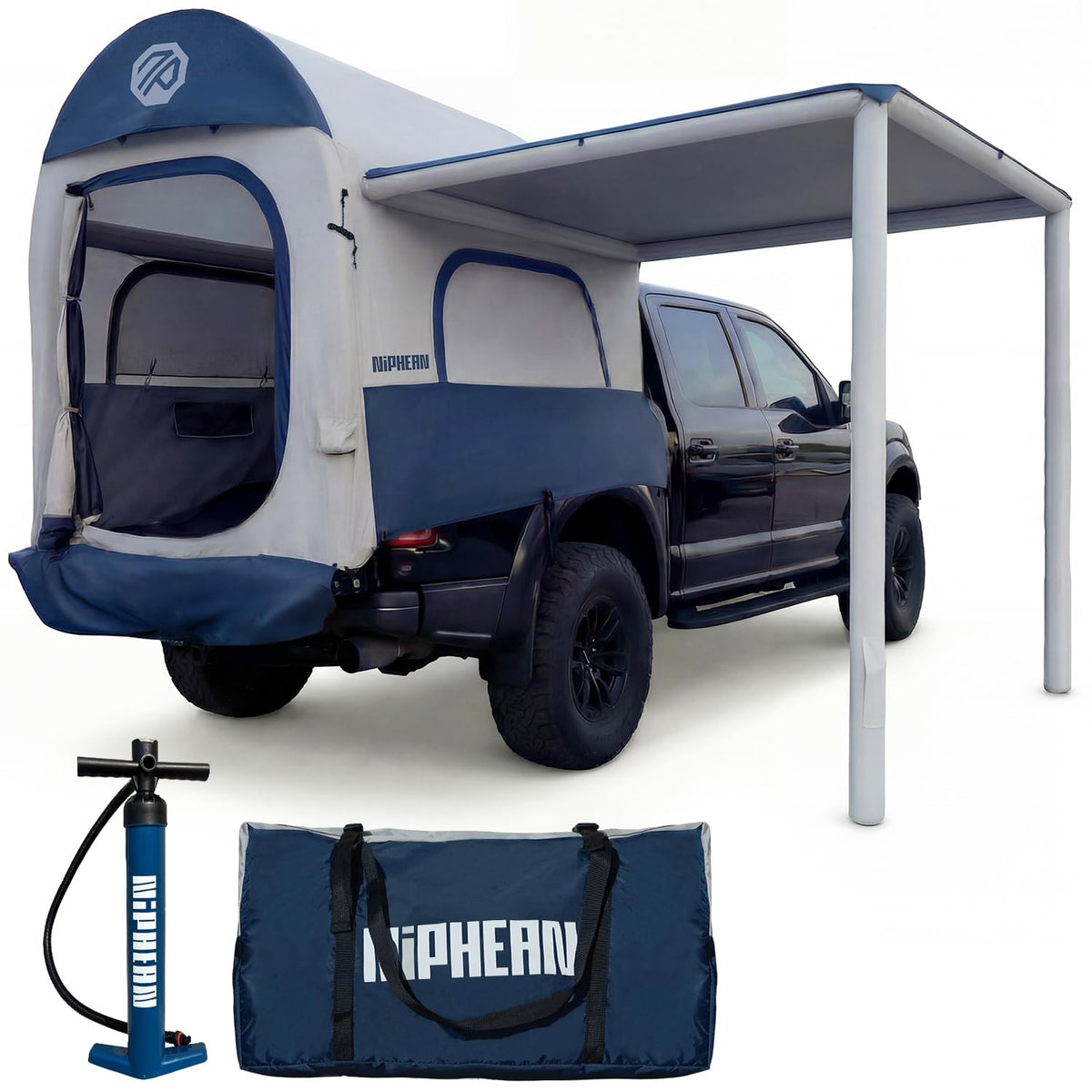 Niphean Inflatable Truck Bed Tent with Zipper-Connect Rv Awning, 3-Min Setup Camping System for 5.5–8ft Truck Tent, Waterproof PU3000mm + UV50+ Side Shade, 2+1 Person Overland Shelter