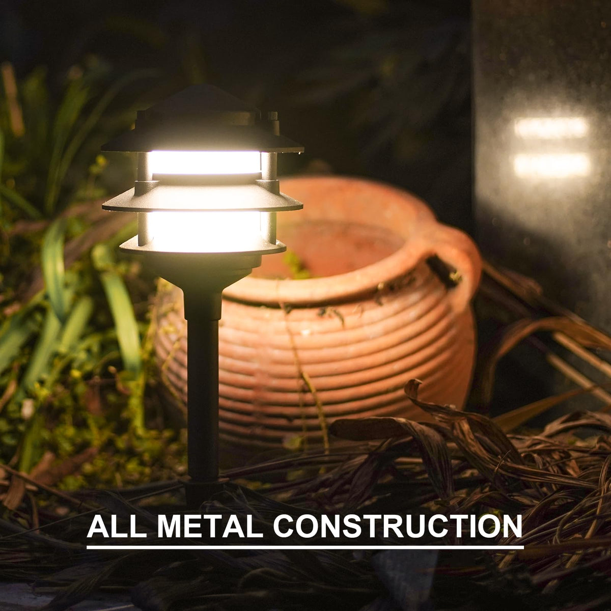 GOODSMANN Landscape Lighting 4PK Pathway Lights Low Voltage 2.2 Watt LED 12V AC Landscape Lights 30 Lumen Warm White with Cable Connectors Metal Stakes 9122-21102-04A