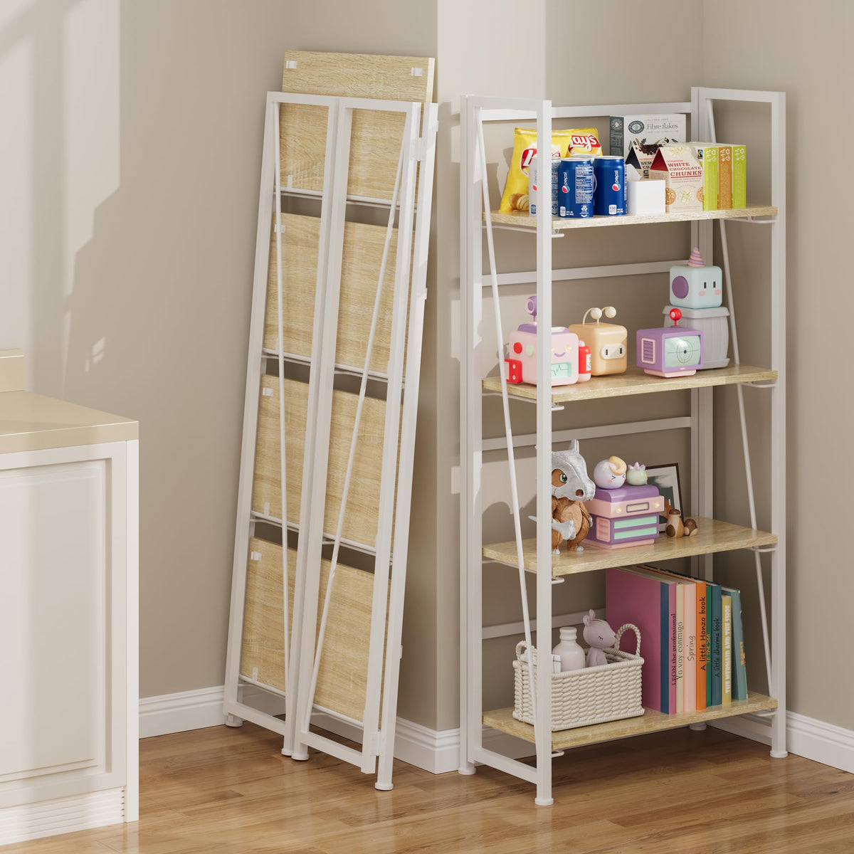 BHG Vintage Multifunctional Bookcase Folding Bookshelf, No-Assembly Plant Stand Storage Rack Shelves for Home Office (White, 4-Tier)