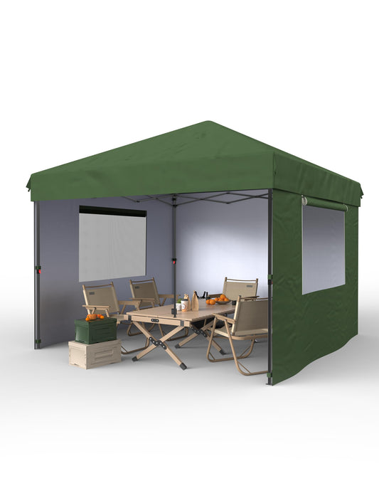 10x10 Pop Up Canopy with 3 Sidewalls - Outdoor Canopy Tent with Portable Roller Bag - One Button Push Setup, 3 Adjustable Height, 4 Weight Bags, 8 Stakes & 4 Guy Ropes Included, Green