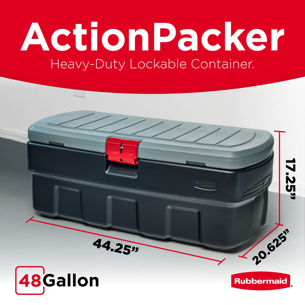 Rubbermaid 48 Gallon Black Action Packer Lockable Latch Indoor and Outdoor Storage Box Container for Home, Garage, Backyard, Single