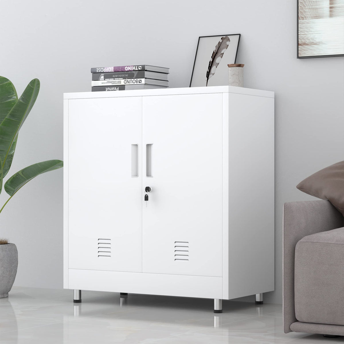 JINGUR Metal Storage Cabinet with Locking Doors and Adjustable Shelf, Small Lockable Sideboard Buffet Cabinet for Home Office Hallway Entryway Living Dining Room (White)