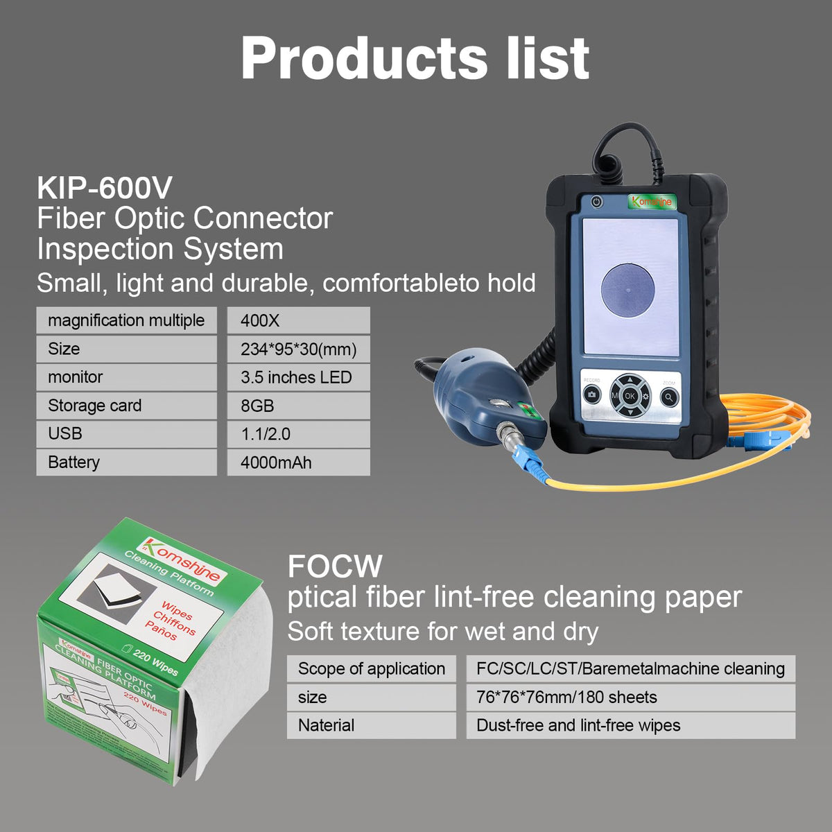 400X Magnification Optic Fiber Inspection Probe Komshine KIC-05D Optical Video Inspection Kit + Cleaner Cleaning Pen SC FC ST 2.5mm/LC 1.25mm + Fiber Cleaning Wipes 600+ Cleanings
