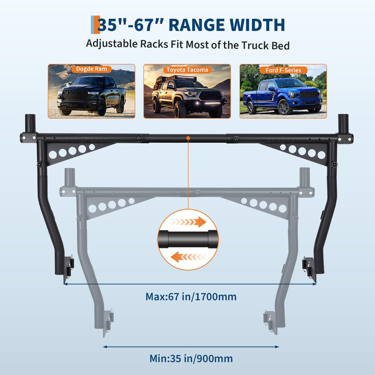 GAOMON Adjustable Steel Truck Ladder Rack 1000 Lb, 35″–67″ – Universal Pickup Bed Rack for Kayak, Ladder, Lumber, Tent, Surfboard – No-Drill Install for F150 Silverado RAM Tundra