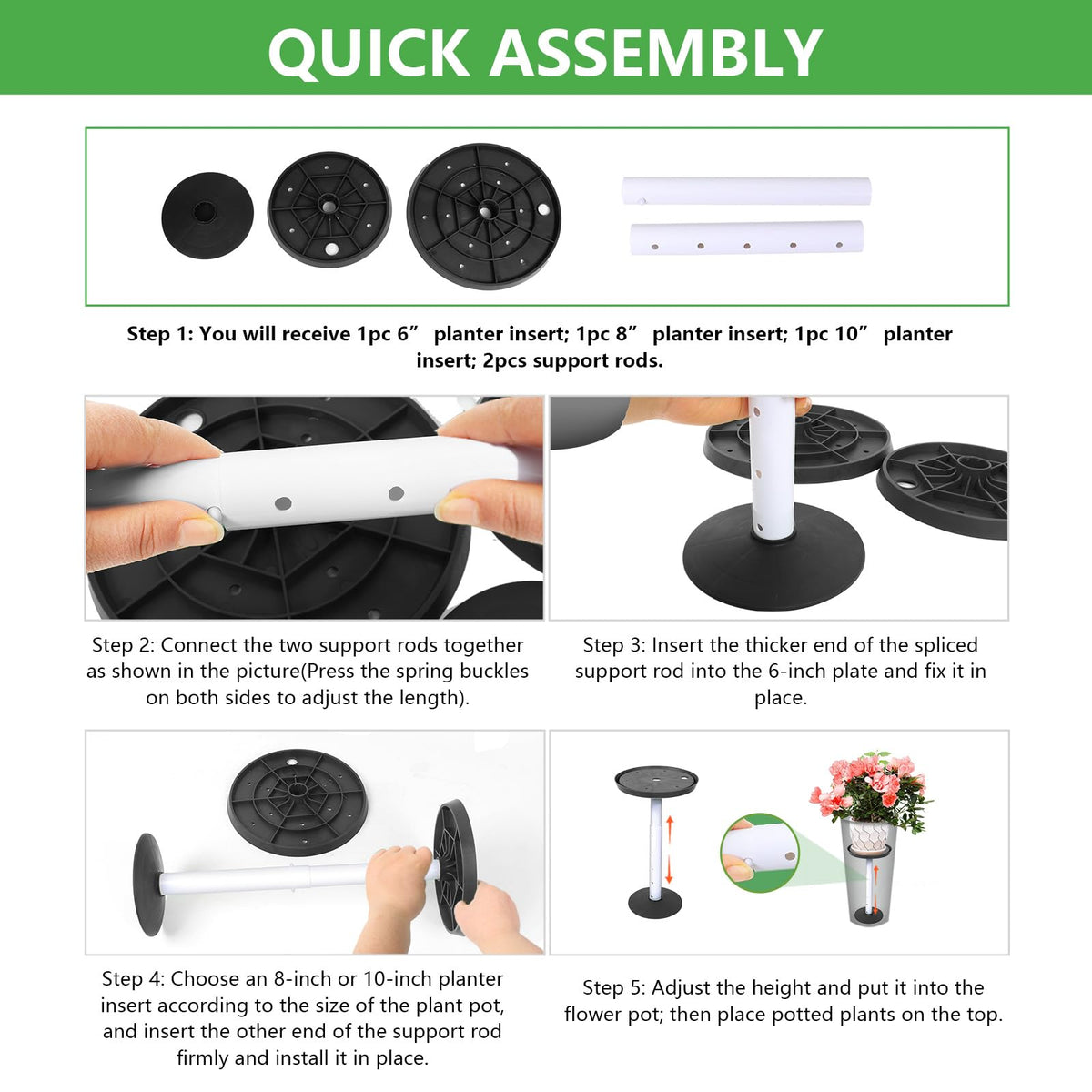 2 Pack Plant Riser Inserts for Large Pots, 8 in/10 in Interchangeable Sturdy Planter Inserts & 11 - 17 in Adjustable Height Lifters Planter Filler for Indoor & Outdoor Various Shapes Pots（Black）