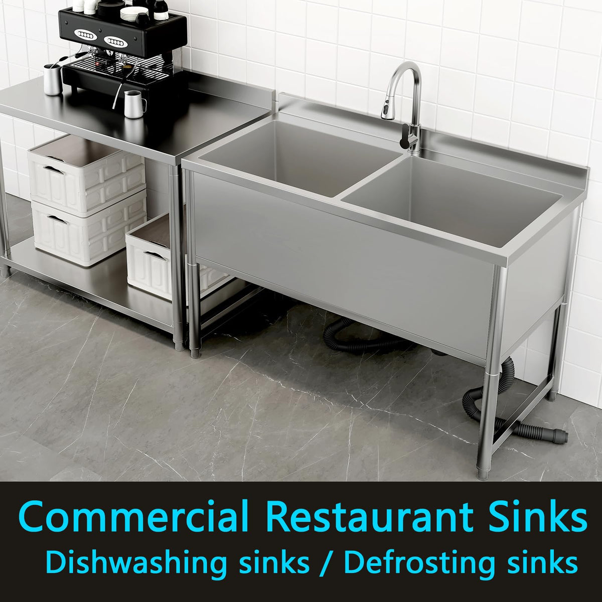 47" Stainless Steel Commercial Sink 2 Bowl Freestanding Kitchen Sink with Pull-out Faucet, Large Utility Sink for Kitchen, Dishwashing, Thawing, Laundry Room, Garage, Outdoor, Total Capacity 50 Gallon