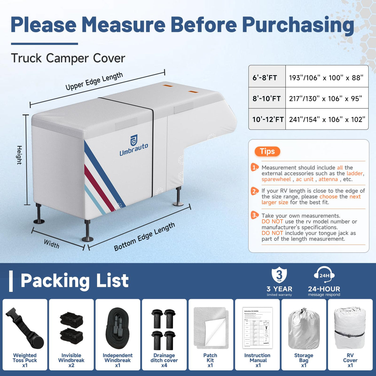 Truck Camper Cover for 10–12FT Slide-in Campers – 300D Oxford Waterproof RV Cover, Silver-Coated, All-Weather Protection with Windproof Straps & Air Vents