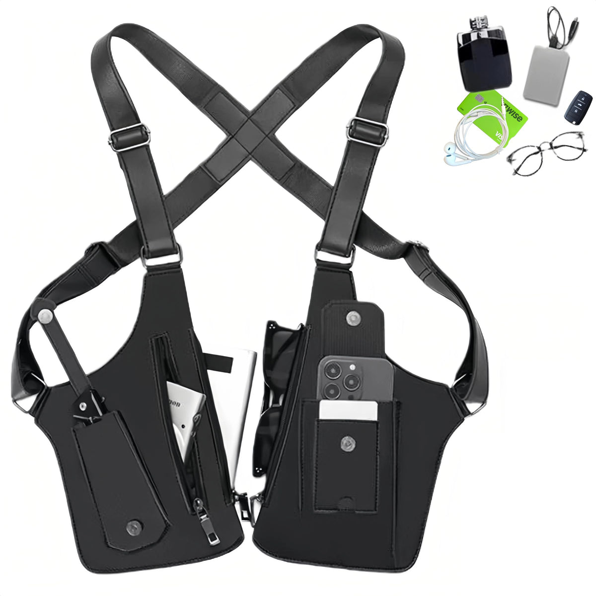 Tactical Double Shoulder Armpit Bag,Anti-Pickpocket Hidden Strap Wallet,Adjustable Leather Armor Crossbody Pack Multi-Pocket (Black)