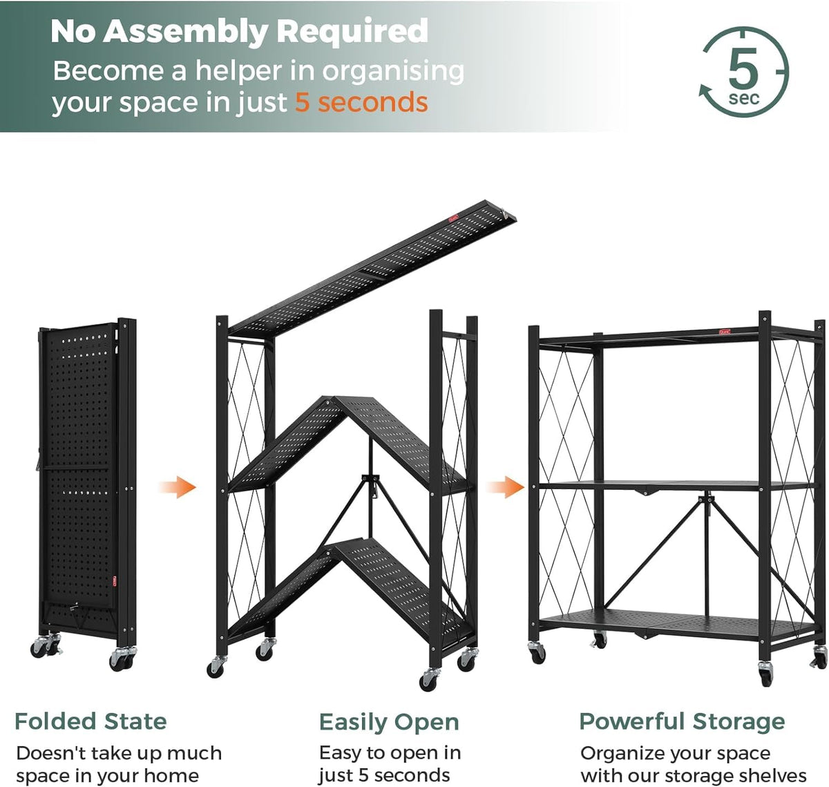 DEANIC 3 Tier Foldable Storage Shelves with Wheels, Large Capacity Shelving Unit, Freestanding Metal Wire Shelf Rack, No Assembly Organizer Rack for Garage Kitchen, Basement, Pantry(Black,3 Pack)