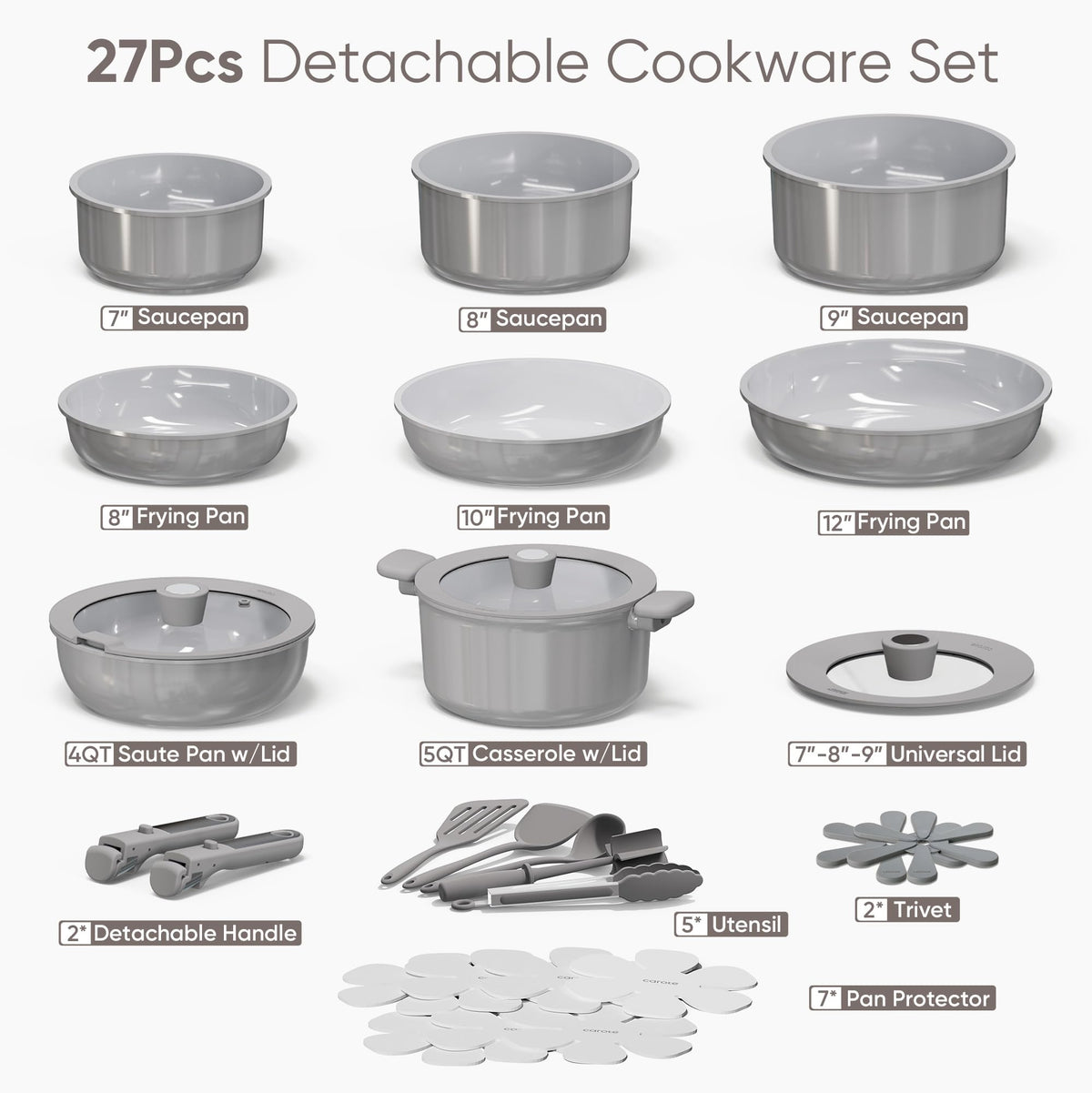 CAROTE 27pcs Ceramic Cookware Set Nonstick, Pots and Pans Set Non Stick, Non Toxic Cookware Detachable Handles, Dishwasher/Oven Safe, RV/Camping Cookware with Kitchen Utensils, Gray