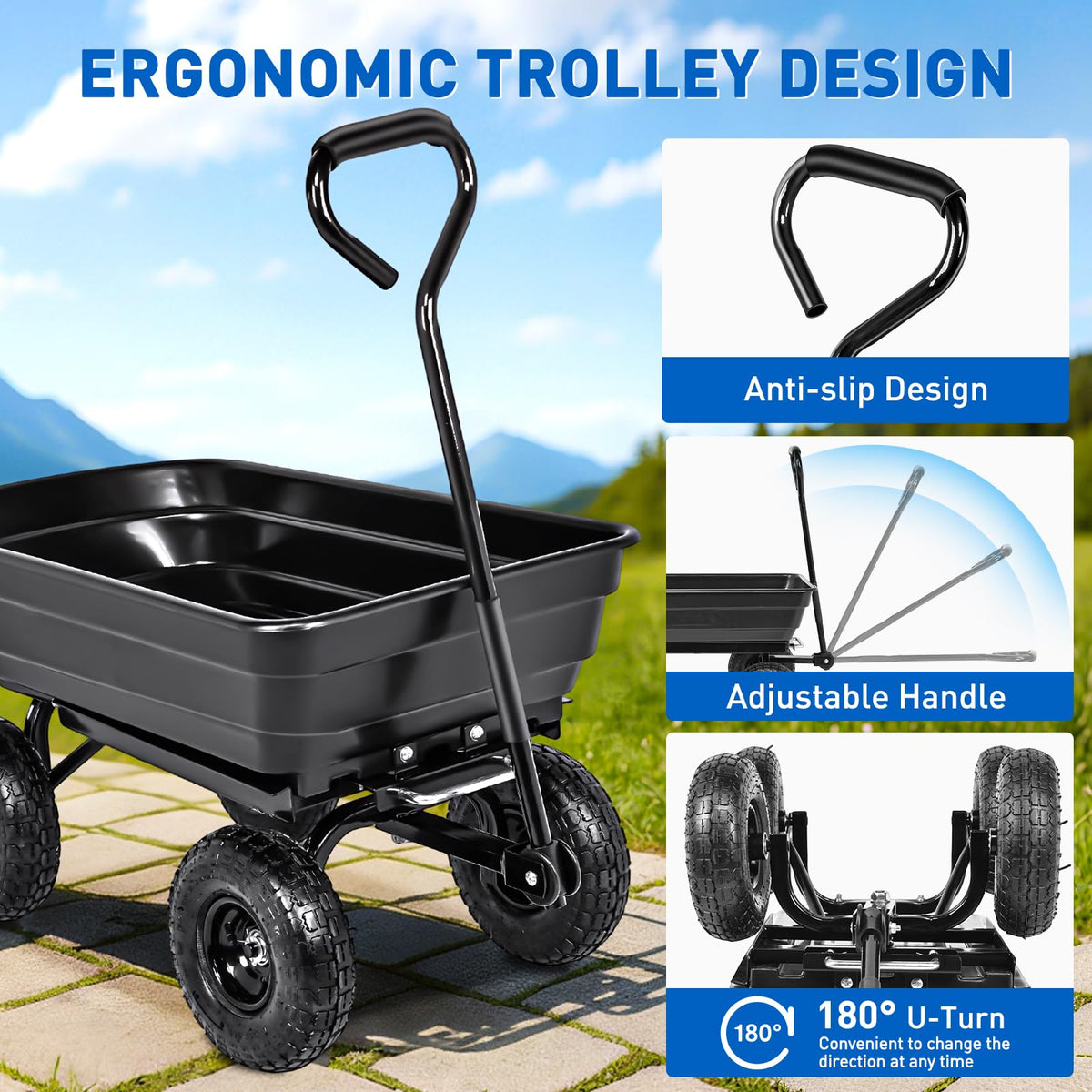 Yesker Garden Carts - 600lbs Dump Wagon with All Terrain Inflatable Wheels for Yard Lawn Farms Gardening - Heavy Duty Utility Outdoor Hauling Wheelbarrow