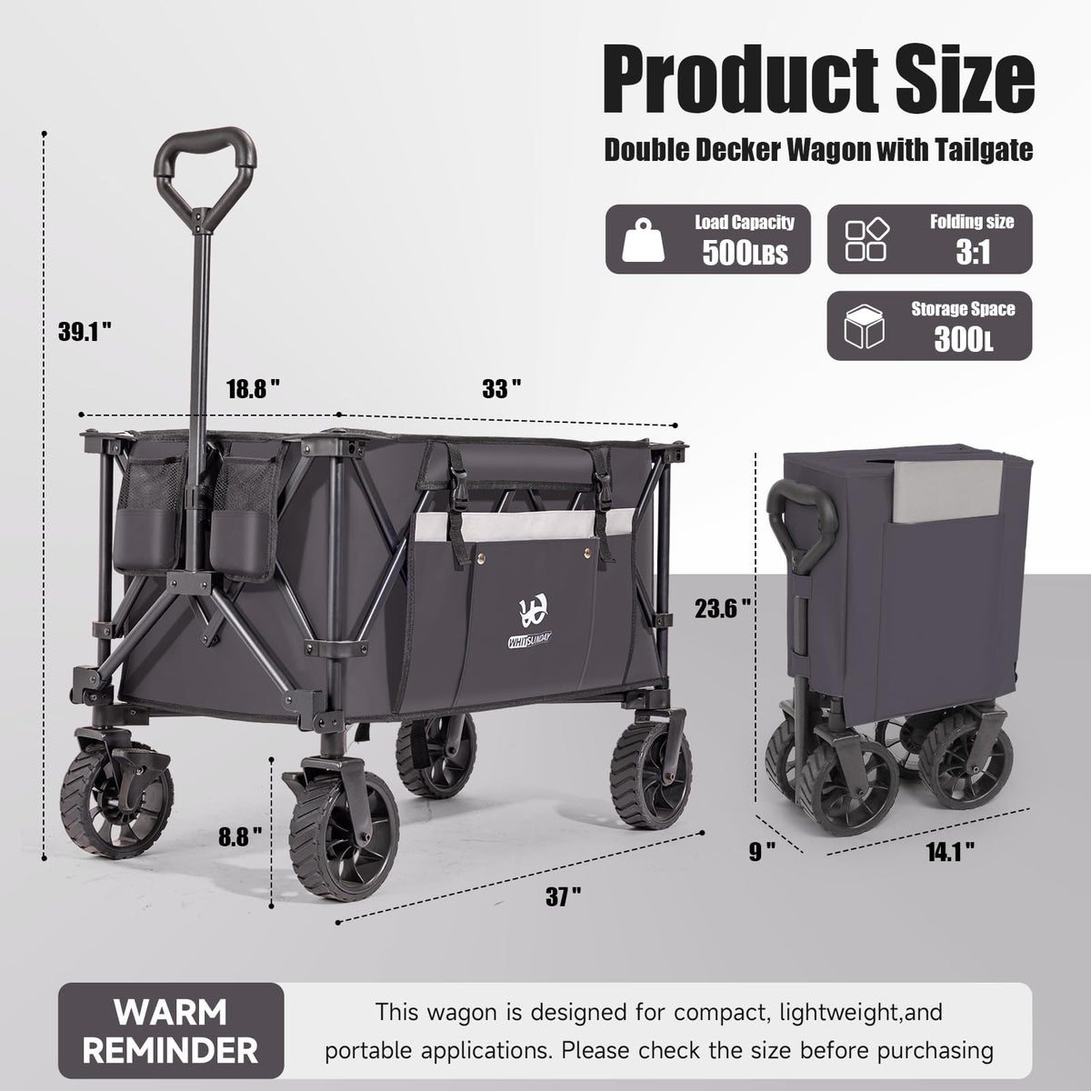 Whitsunday Folding Collapsible Utility Wagon, 400Lbs Heavy Duty Outdoor Park Beach Wagon with Table and Side Pocket for Garden Camping Sports Shopping Grey