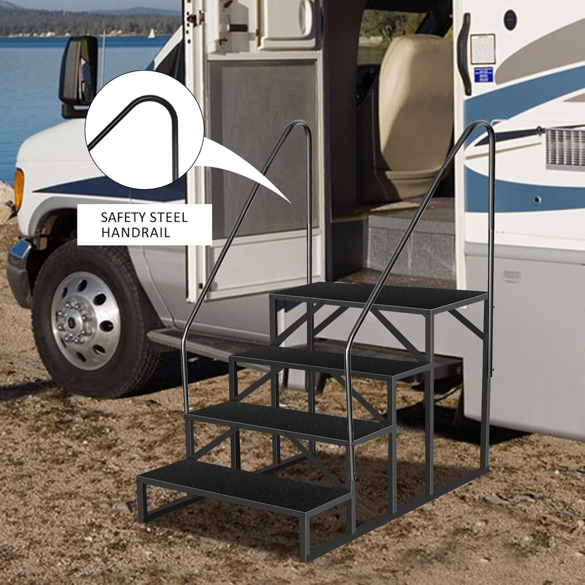 PeacefulHues 660 Lbs Heavy-Duty RV Steps with Handrail, 3-Step Anti-Slip Outdoor Stairs for Camper, Travel Trailer, Motorhome, Mobile Home, Hot Tub Spa, Portable