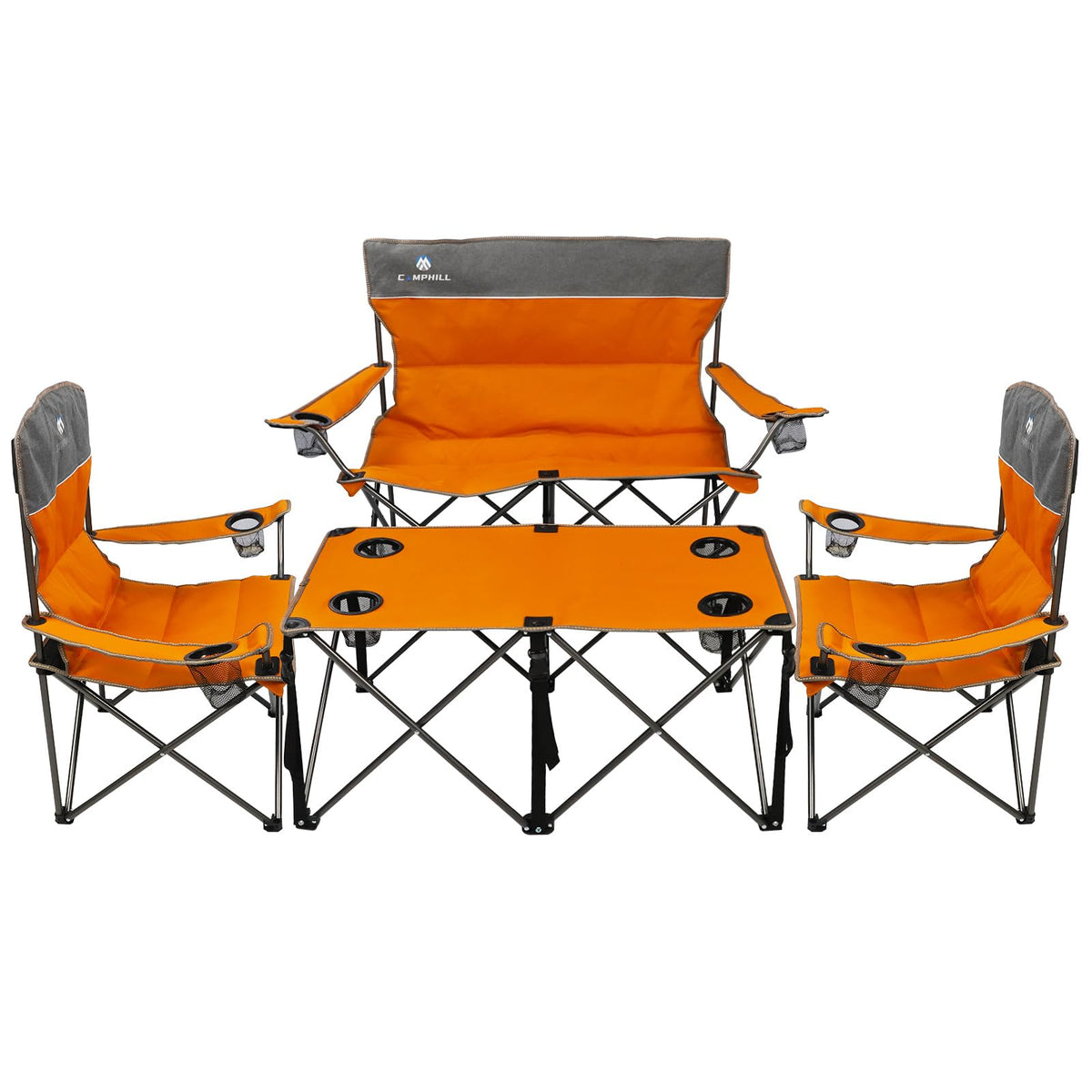 CAMPHILL Camping Set of 4 including Table. Heavy Duty Outdoor Folding Chairs with Cup Holder. Collapsible, Includes One Sofa & Two Single Chairs, Plus Camping Table