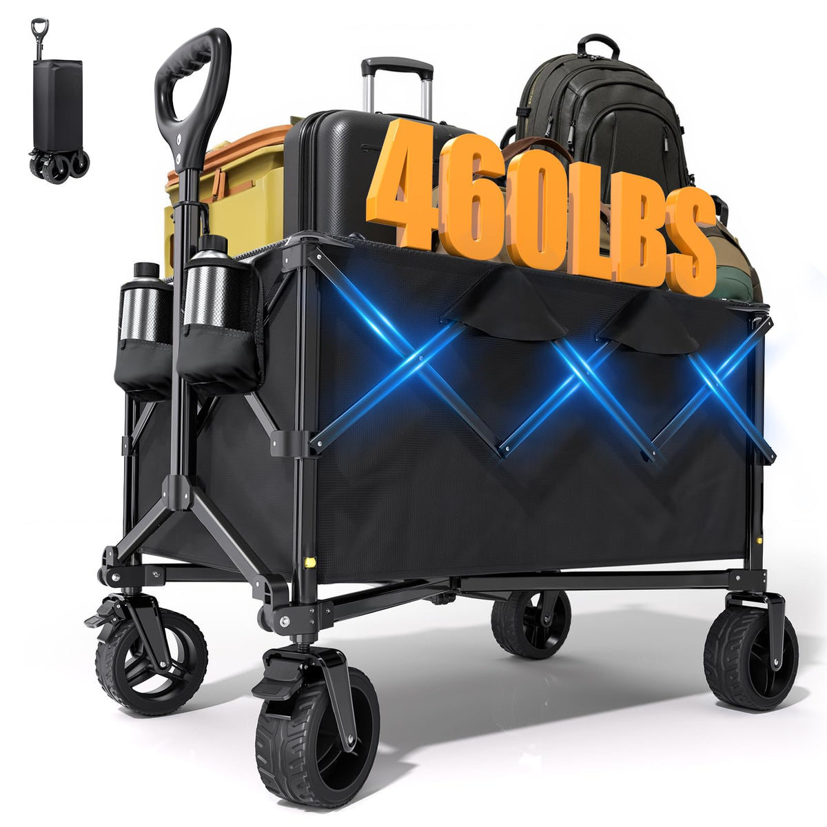 Collapsible Wagon Cart with Universal Wheels, 480LBS Wagons Carts Heavy Duty Collapsible Wagon with Cup Holders, Utility Beach Carts for Camping, Garden, Shopping, Fishing, Sports