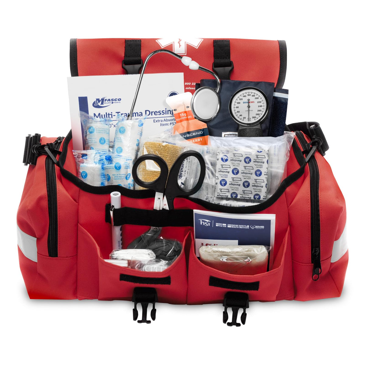MFASCO Complete Emergency Response First Aid Kit Trauma Bag - 415 Piece Fully Stocked Supplies for Disaster Preparedness | for Business, Schools, Organizations, Groups, Home Safety (Reflective - Red)