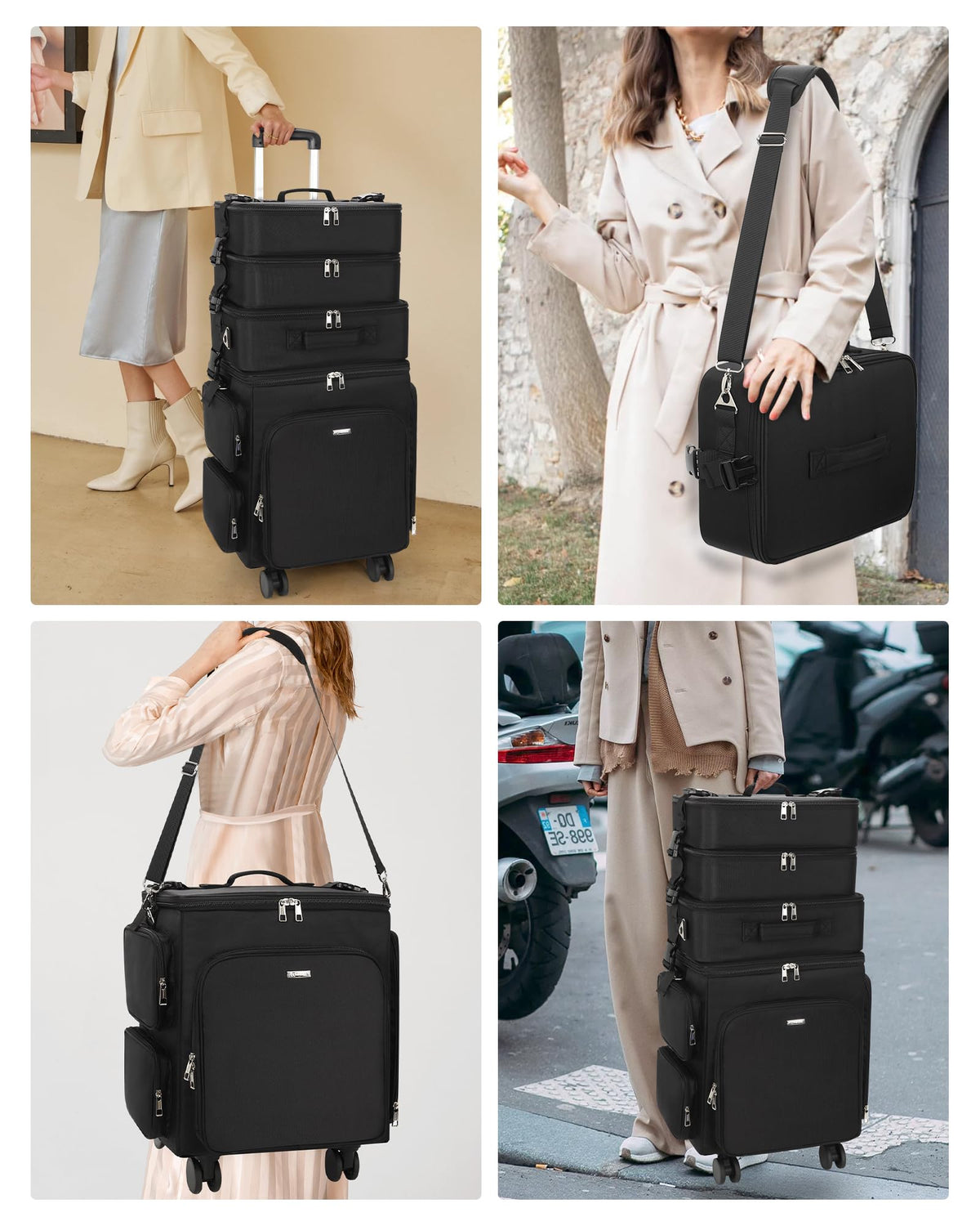 Relavel Rolling Makeup Case, 4 in 1 Hairstylist Traveling Bag Cosmetology Case on Wheels Large Hair Tools Cosmetics Train Case Makeup Artist Storage Organizer Trolley Suitcase with 360° Swivel Wheels