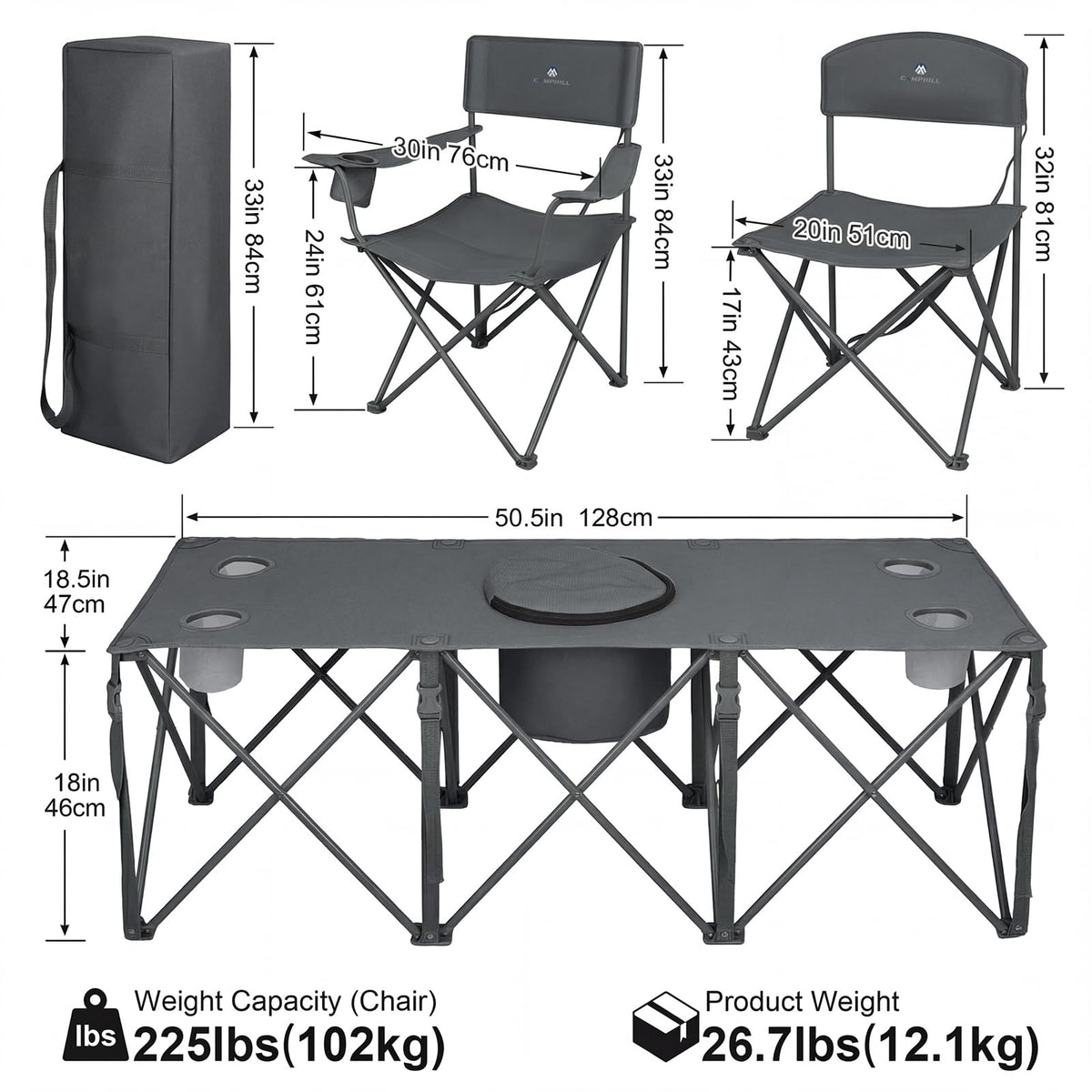 Camping Chair Set of 5,Outdoor Folding Lawn Chairs with Table for Adults,Heavy Duty Collapsible Chair Include Four Single Chairs and Camping Table with Cooler Bag for Travel Fishing Sport Picnic,Grey