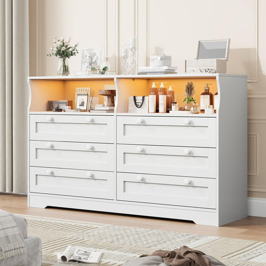 IDEALHOUSE 55" 6-Drawer Dresser for Bedroom – Wood Chest with Charging Station, LED Lights & 2 Storage Compartments, Modern TV Stand for Living Room & Hallway, White