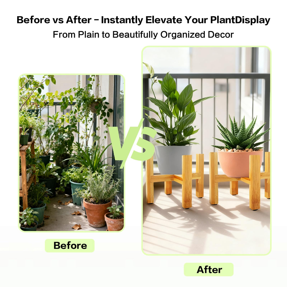 AZY Plant Stand Indoor 2 Pack, Adjustable Bamboo Wooden Plant Holder Fits 6.3" & 8.3" Pots, Modern Planter Stand Small Plant Shelf for Home Decor