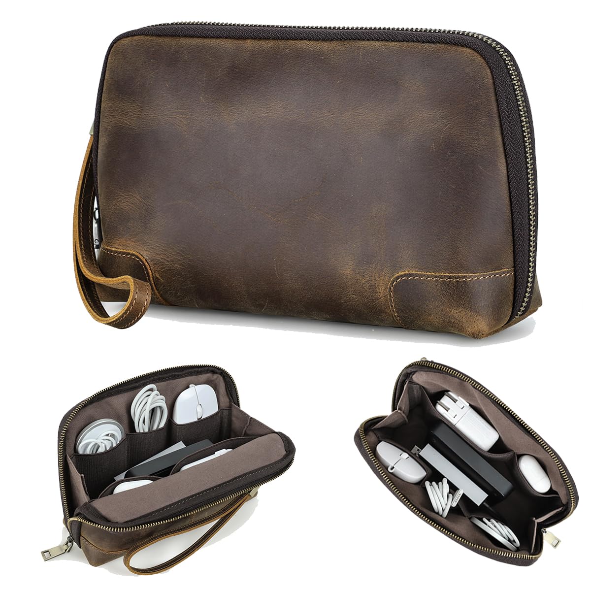 Contacts Crazy Horse Leather Travel Electronic Organizer Cables Chargers Accessories Storage Case Holder Clutch Bag
